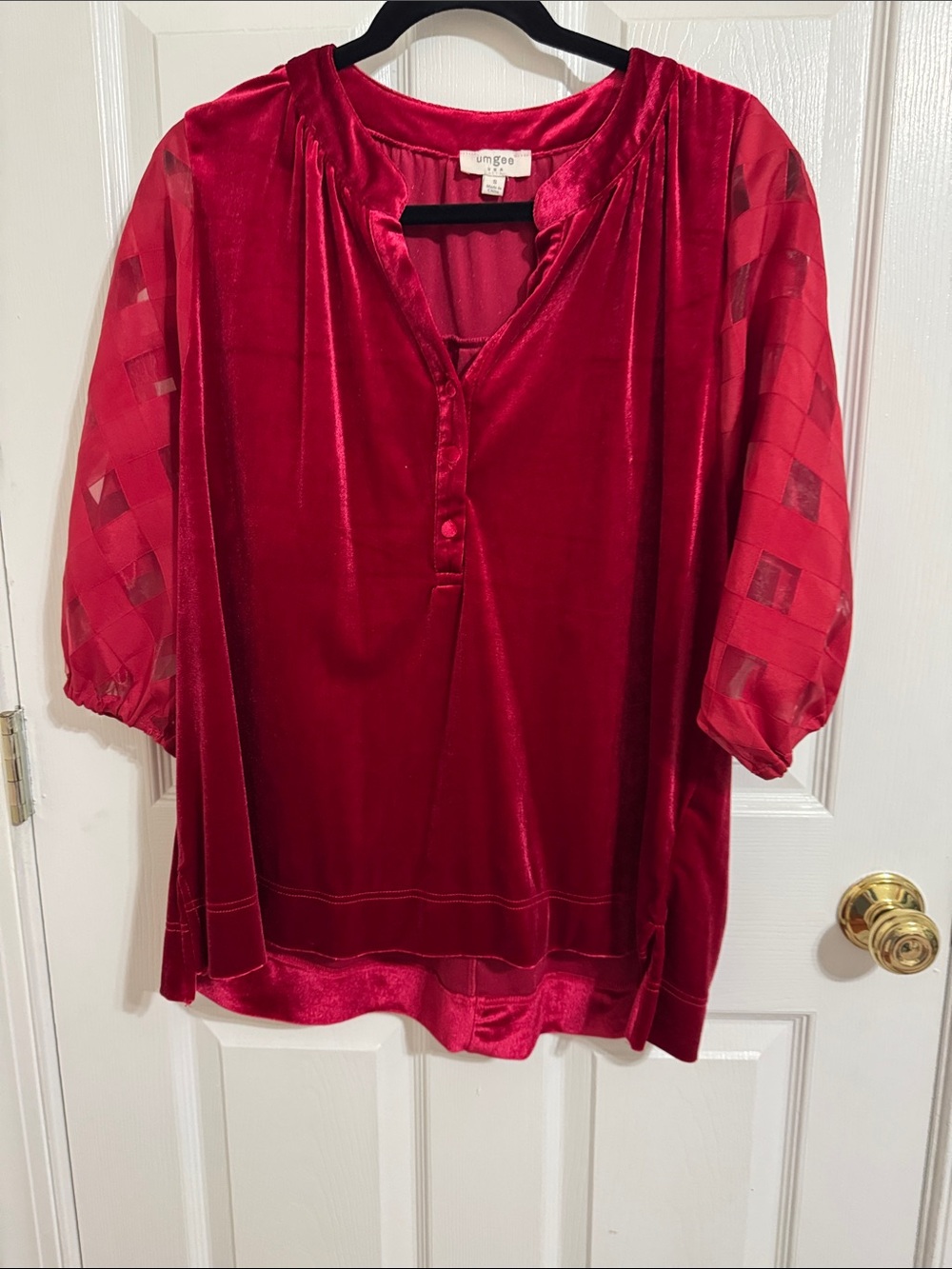 Umgee Crimson Velvet Blouse with Sheer Checkered Sleeves